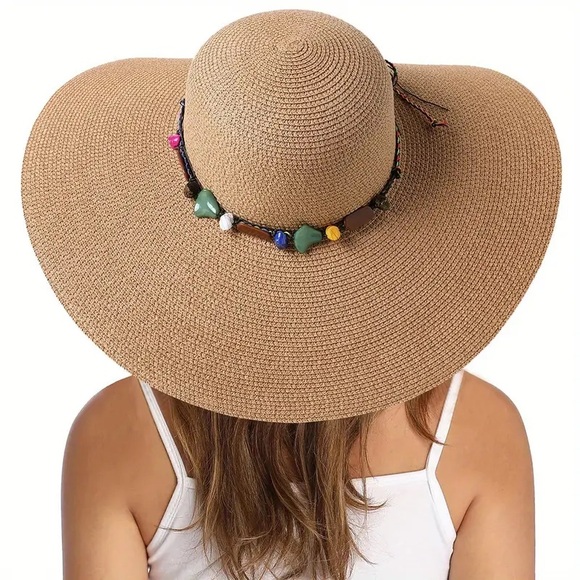 Accessories - Bohemian Large straw hat with beading detailing with chin strap and bow tie